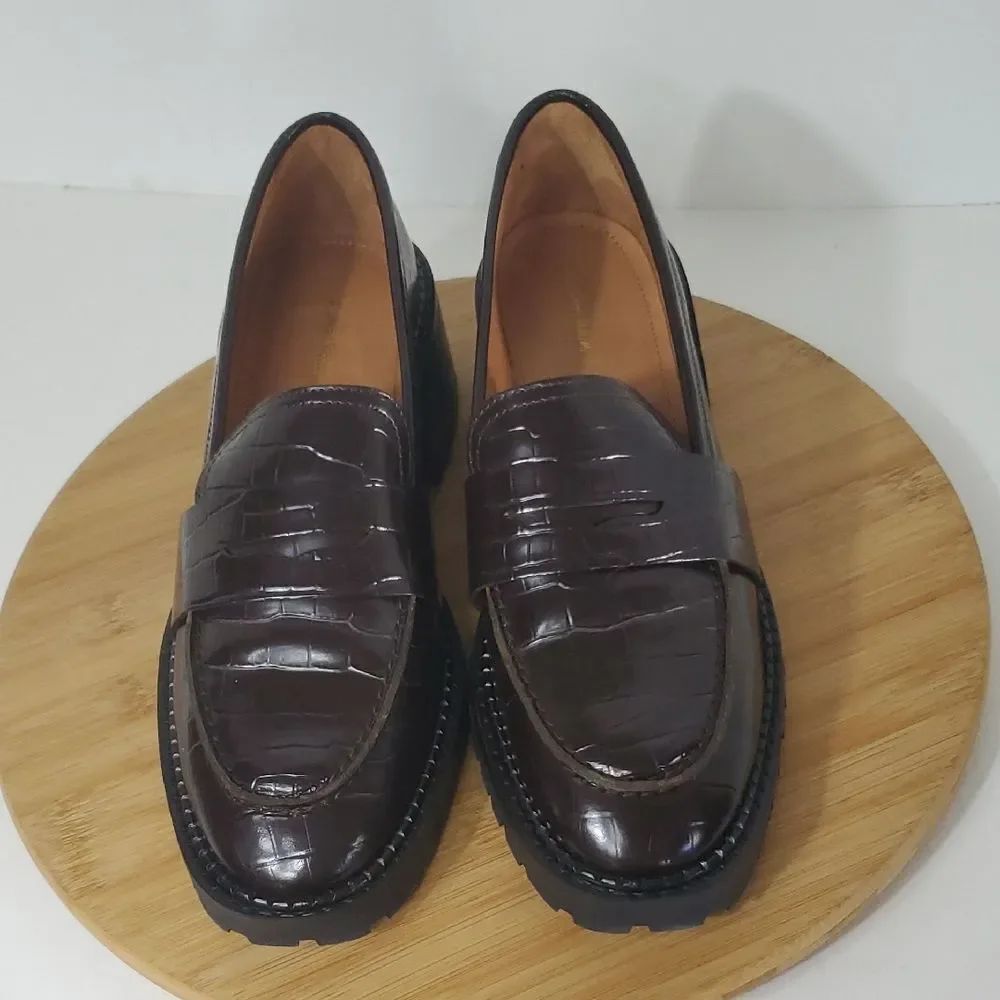 & Other Stories Dark Burgundy Croc-Embossed Leather Penny Loafers Women's 40